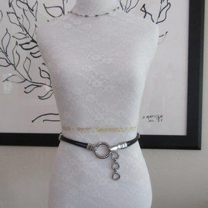 Black braided faux leather & ornate buckle silver belt